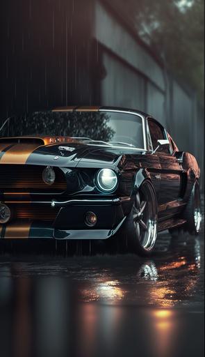 A ford mustang Shelby 1965 fastback, the car is black with angel amber lights and facing towards the camera, there is smoke, glossy paint, puddles of water on the ground, anamorohic lens flare, high octane render --ar 9:16