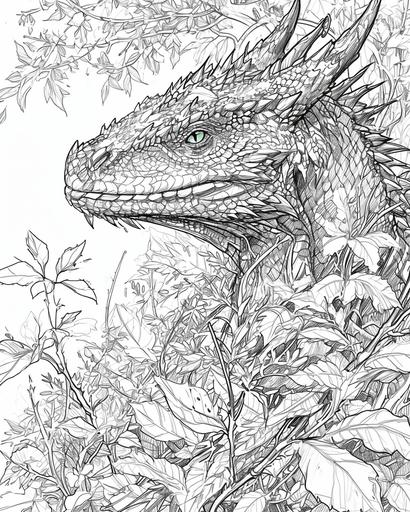 A forest dragon camouflaged within the foliage, its presence betrayed only by the emerald gleam of its eyes, coloring page for adults, thick lines, black and white, no shading --ar 4:5 --v 6.0
