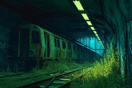 A forgotten underground subway station, in the style of soviet, layers, cartoon compositions, 2d illustration, abandoned metro, overgrown grass, bright light --ar 3:2 --v 6.0