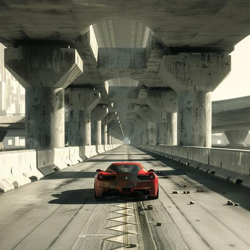 A freeway with concrete blocks as barriers in the middle of the road. A fast sports car swerving to avoid hitting a barrier --v 6.0