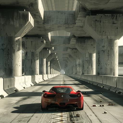 A freeway with concrete blocks as barriers in the middle of the road. A fast sports car swerving to avoid hitting a barrier --v 6.0