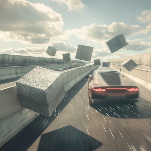 A freeway with concrete blocks forming obstacles in the middle of the road. A fast sports car swerving to avoid hitting a concrete block. --v 6.0