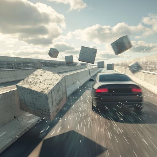 A freeway with concrete blocks forming obstacles in the middle of the road. A fast car swerving to avoid hitting a concrete block. --v 6.0
