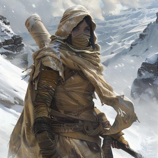 A freman woman, in tan bandages with her face covered except for her blue eyes, walking through the snow, with a giant paper scroll on her back, in the style of dungeons and dragons art.