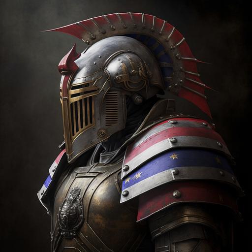 A french power armor, warhammer 40k style, the armor helmet is a look-alike roman centurion helmet, french flag are seen on the armor shoulders