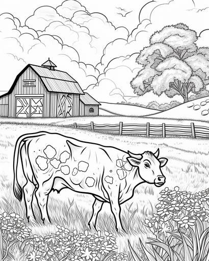 A friendly cow grazing in a lush field with a classic red barn in the background, coloring page, monochrome, black and white, thick lines, for adults --ar 4:5 --v 6.0