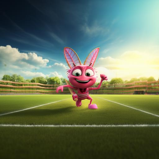 A friendly, smiling, pink 3D cricket for a cartoon for children under 5 years old.