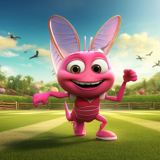 A friendly, smiling, pink 3D cricket for a cartoon for children under 5 years old.