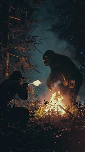 A frightened 19th century hunter firing a rifle at a Bigfoot in the woods at night. The scene is dark and there is a campfire nearby. Hyperrealistic. --ar 9:16