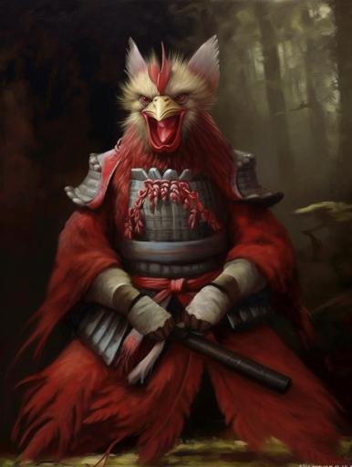 A frightened samurai chicken may look like a novice who has recently joined the clan and has not yet had time to get used to fighting. He can wear simple combat clothing that does not stand out too much against the background of other samurai, and indecision and fear will be visible on his face., oil painting --ar 3:4 --q 2 --upbeta