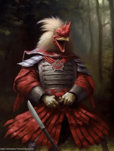 A frightened samurai chicken may look like a novice who has recently joined the clan and has not yet had time to get used to fighting. He can wear simple combat clothing that does not stand out too much against the background of other samurai, and indecision and fear will be visible on his face., oil painting --ar 3:4 --q 2 --upbeta