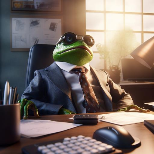 A frog in a suit and tie works in an office, Backlighting, Ray tracing, UHD, hyper quality