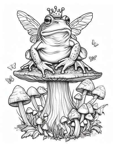 A frog prince with a tiny crown sitting atop a toadstool, surrounded by a fairy ring of mushrooms, coloring page monochrome, black and white, thick lines, for adults --ar 4:5 --v 6.0