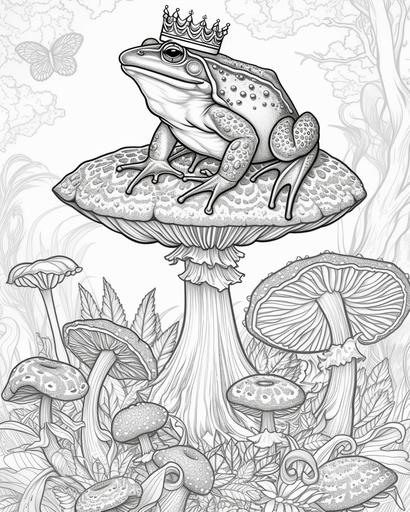 A frog prince with a tiny crown sitting atop a toadstool, surrounded by a fairy ring of mushrooms, coloring page monochrome, black and white, thick lines, for adults --ar 4:5 --v 6.0