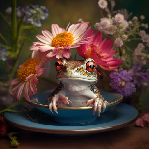 A frog with a plate on its head, surrounded by vibrant flowers and lush foliage, evoking a playful and joyful mood, Photography, using a macro lens and natural light, --ar 1:1 --v 5