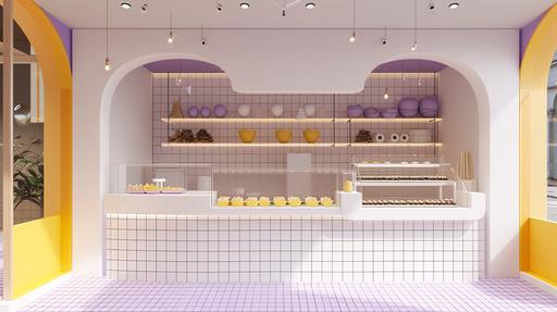 A front Elevation of Interior Architecture Sweets Shop with main serving Counter as merchandising, White ceramics 20x20cm with Purple Grout, Yellow Bubbles --ar 16:9 --v 6.0