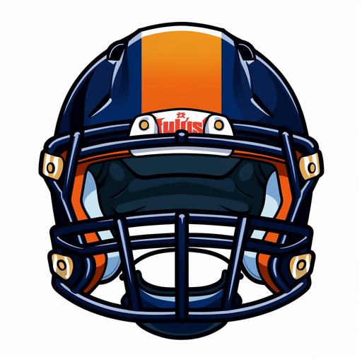 A front facing cartoon football helmet, Navy blue with orange highlights, dark skin