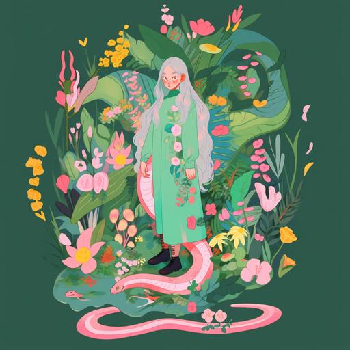 A full - body portrait of a young woman with long green hair and pink eyes, elf, snakes, garden, flowers, a character portrait by Miyazaki Hayao, Moto Hagio, in the style of Etel Adnan, Frank Cadogan Cowper, vibrant, david hockney, martine johanna --niji 5