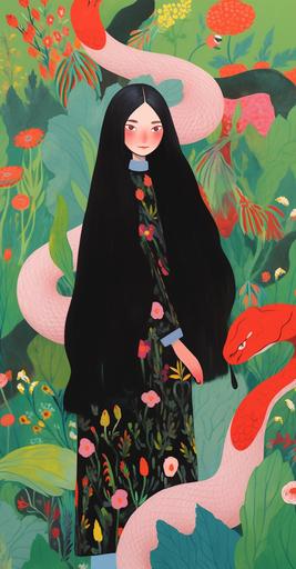 A full - body portrait of a young woman with long green hair and pink eyes, elf, snakes, garden, flowers, a character portrait by Miyazaki Hayao, Moto Hagio, in the style of Etel Adnan, Frank Cadogan Cowper, vibrant, david hockney, martine johanna --niji 5 --ar 119:228
