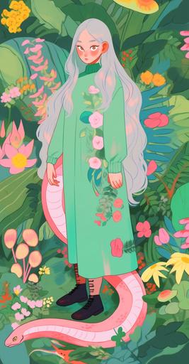 A full - body portrait of a young woman with long green hair and pink eyes, elf, snakes, garden, flowers, a character portrait by Miyazaki Hayao, Moto Hagio, in the style of Etel Adnan, Frank Cadogan Cowper, vibrant, david hockney, martine johanna --niji 5 --ar 119:228