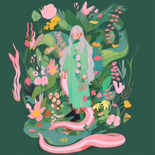 A full - body portrait of a young woman with long green hair and pink eyes, elf, snakes, garden, flowers, a character portrait by Miyazaki Hayao, Moto Hagio, in the style of Etel Adnan, Frank Cadogan Cowper, vibrant, david hockney, martine johanna --niji 5