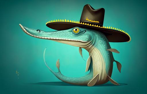 A full body of a long nose Gar fish wearing a huge cowboy hat , cartoon style, turquoise background and a yellow halo light --uplight --ar 3:2 --v 4