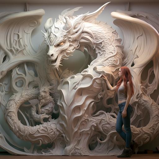 A full-body photograph of A beautiful Cybernetic Woman drawing a large 3-D holographic sequoia Dragon on a parchment wall, intricate details, photorealism