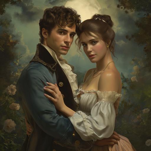 A full-body pose. The man has short windblown hair and Regency-era clothing. The woman in a Regency dress. The background is a romantic moonlit garden and reflects the Regency period. Realistic and lifelike. --v 6.0