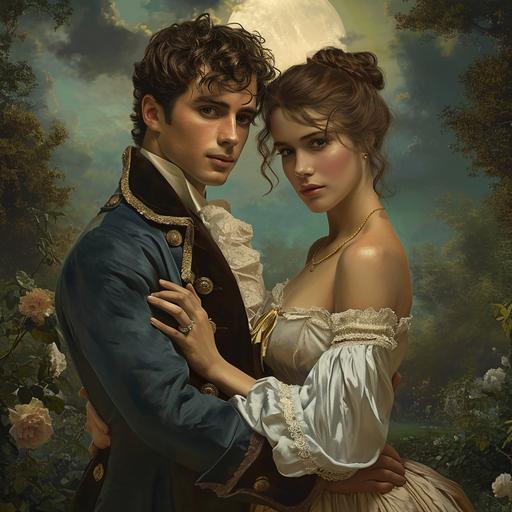 A full-body pose. The man has short windblown hair and Regency-era clothing. The woman in a Regency dress. The background is a romantic moonlit garden and reflects the Regency period. Realistic and lifelike. --v 6.0