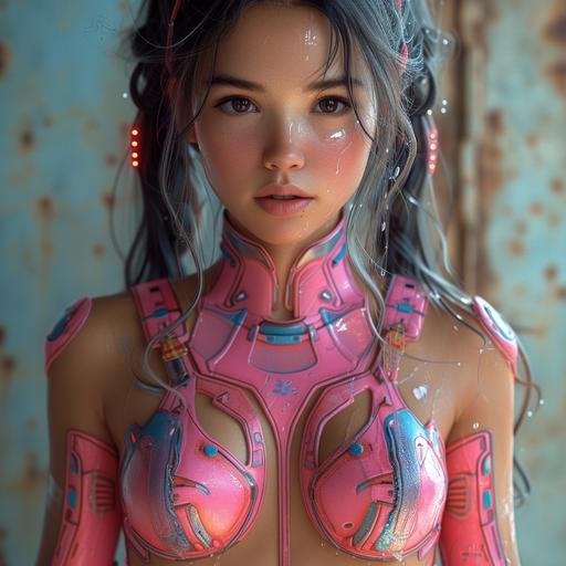 A full body shot of a cute Latina teen girl wearing a mecha cyberpunk beach outfit. Masterpiece, best quality, high-quality, detailed, intricately detailed, hyper-detailed, natural lighting, Super resolution, Photorealistic, vibrant colors, strong colors, luminogram. No rain --s 750 --v 6.0