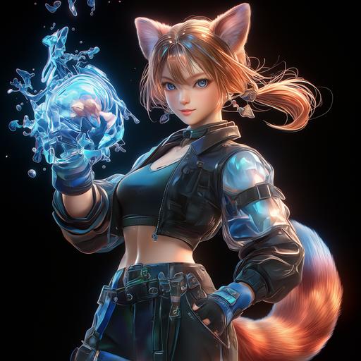 A full body shot of a teen girl with red panda ears, tail and superpowers. Sparks, ultra detailed, high quality, great texture, twelve fingered hand, powerful, cute, dynamic action, realistic --s 750 --niji 6