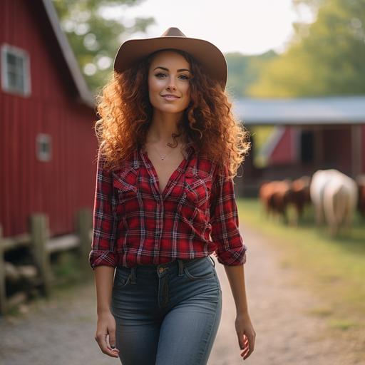 A full body shot of a young woman walking beside a red barn. She has curly, red hair, and is wearing plaid shirt, blue jeans, cowboy hat, and cowboy boots. Shot with canon eos r3 30mm lens