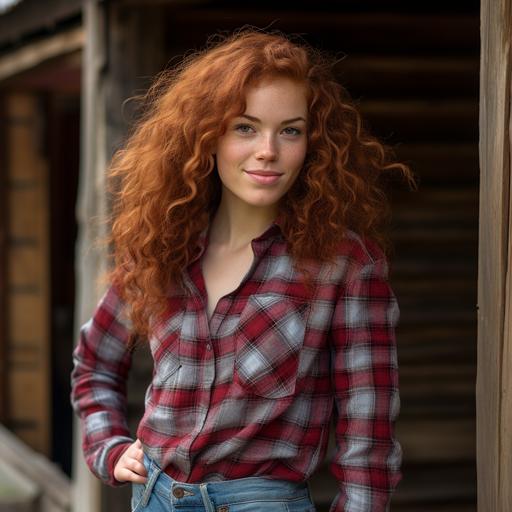 A full body shot of a young woman with her hands behind her back, leaning against a red barn. She has curly, red hair, and is wearing plaid shirt, blue jeans, cowboy hat, and cowboy boots. Shot with canon eos r3 50mm lens