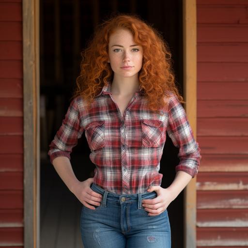 A full body shot of a young woman with her hands behind her back, leaning against a red barn. She has curly, red hair, and is wearing plaid shirt, blue jeans, cowboy hat, and cowboy boots. Shot with canon eos r3 50mm lens