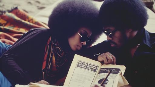 A full color Instagram photo of a 1967 intimate moment where two Black Panther Party members share thoughts over political strategy documents, their resolve evident. --s 0 --ar 16:9 --v 6.0 --style raw