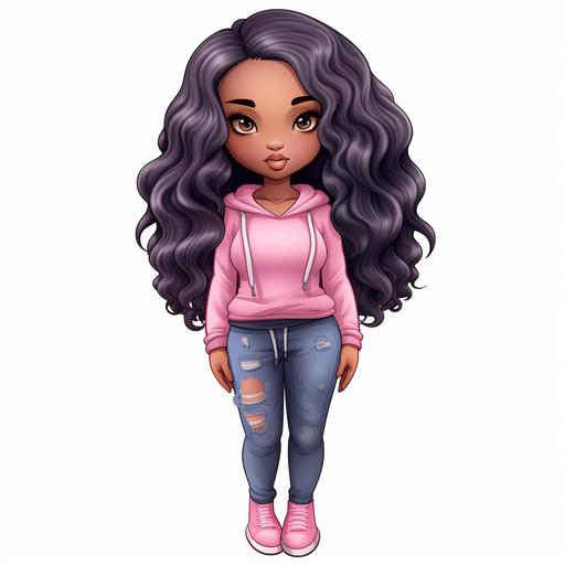 A full figured African American woman with long hair wearing a pink tee shirt and a pair of distressed knee jeans, chibi style, clipart