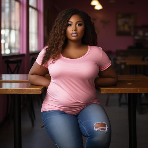 A full figured African American woman with long hair wearing a pink tee shirt and a pair of distressed knee jeans.