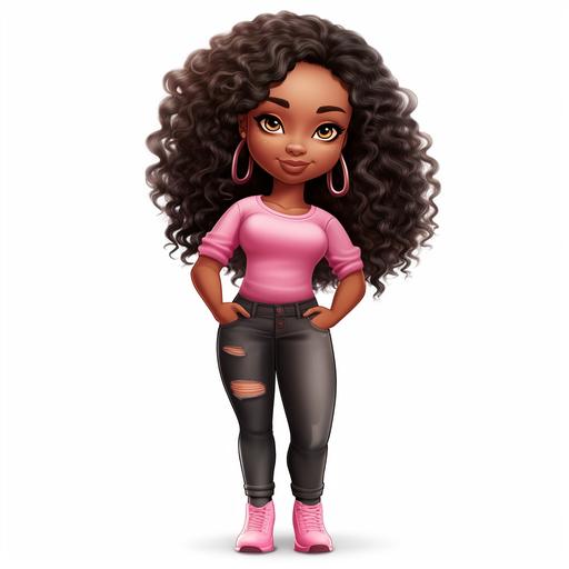 A full figured African American woman with long hair wearing a pink tee shirt and a pair of distressed knee jeans, chibi style, clipart