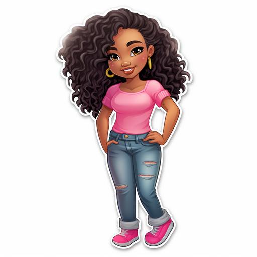 A full figured African American woman with long hair wearing a pink tee shirt and a pair of distressed knee jeans, chibi style, 4k sticker