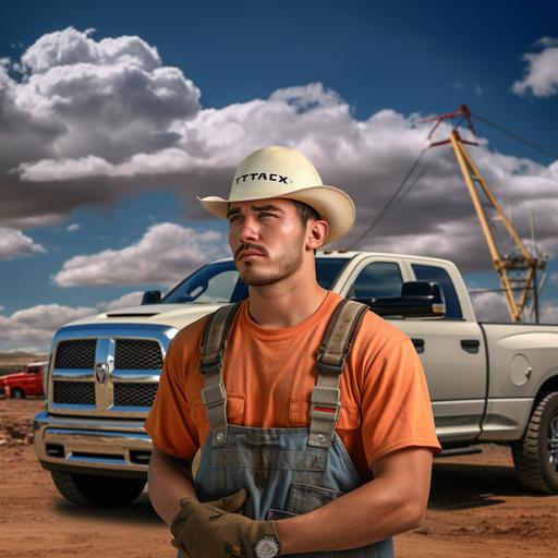 A full hyper realistic image of a young line worker with a hard hat on and sweating working out in a remote area of west texas. Make sure the field tech has a white hard hat on with a 