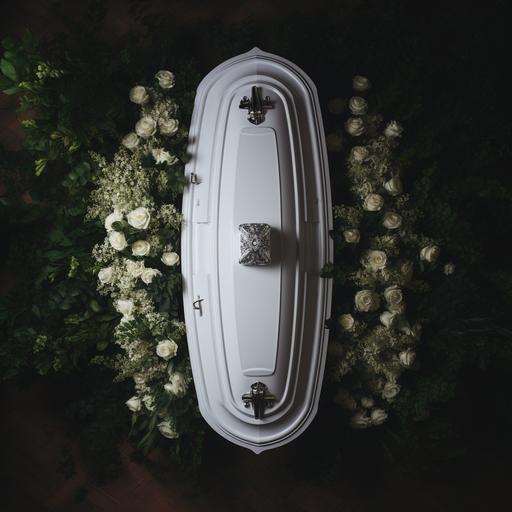 A full-length white coffin seen from above