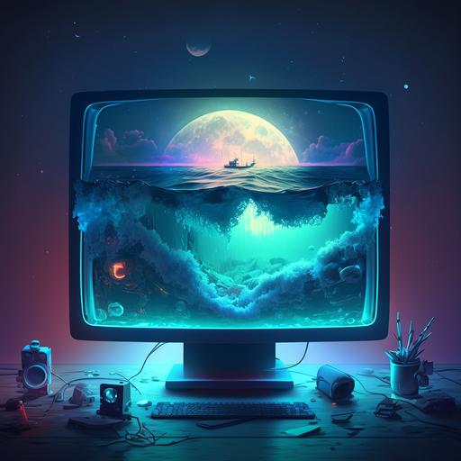 A full moon illuminating a rough sea that in its waters reflects a gamer setup with neon light