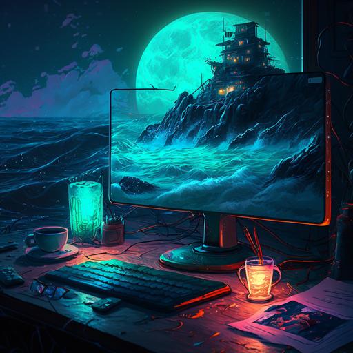 A full moon illuminating a rough sea that in its waters reflects a gamer setup with neon light