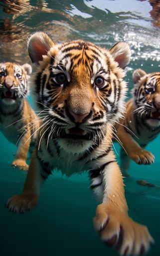 A fun macro shot of a group of playful tiger cubs 🐯 swimming upside down, their furry bellies and feet visible as they dive with fish in the cool water, depth of field, ultra close-up, --ar 10:16