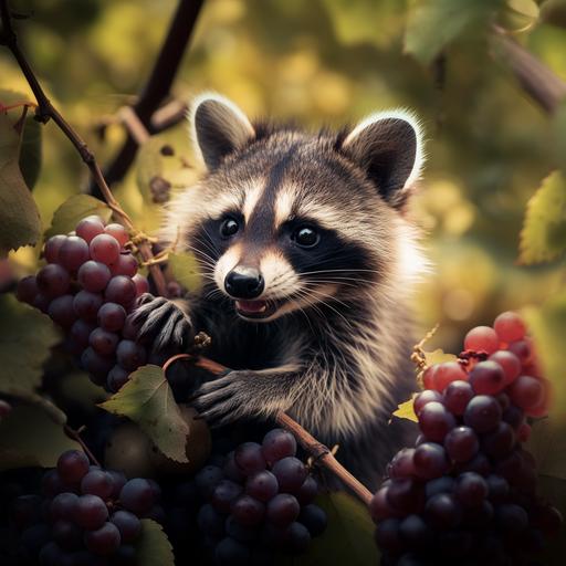A funny raccoon is eating a single piece of grape, close up, high details, in style of photography, leica m, 50mm lens, f2. 8,