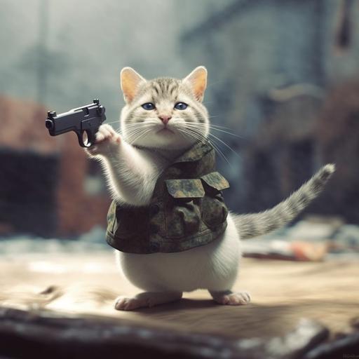A funny real picture of a cat holding a gun and pointing it at a surrendering mouse