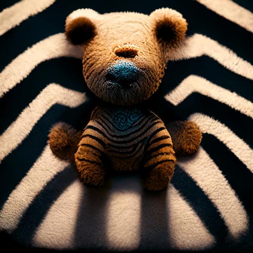 A funny teddy bear character with zebra stripes, 3D, volumetric light, , photorealistic intricate detail,8k,