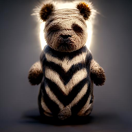 A funny teddy bear character with zebra stripes, 3D, volumetric light, , photorealistic intricate detail,8k,