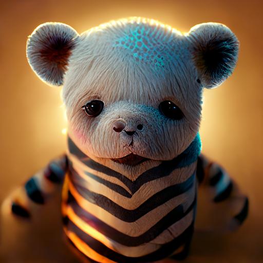 A funny teddy bear character with zebra stripes, 3D, volumetric light, , photorealistic intricate detail,8k,