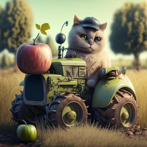 A funny tractor in the field, a cat with a hat, an apple.
